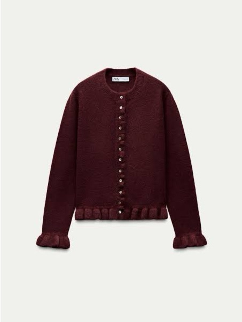Zara Deep Burgundy Knit Cardigan with Ruffle Trim